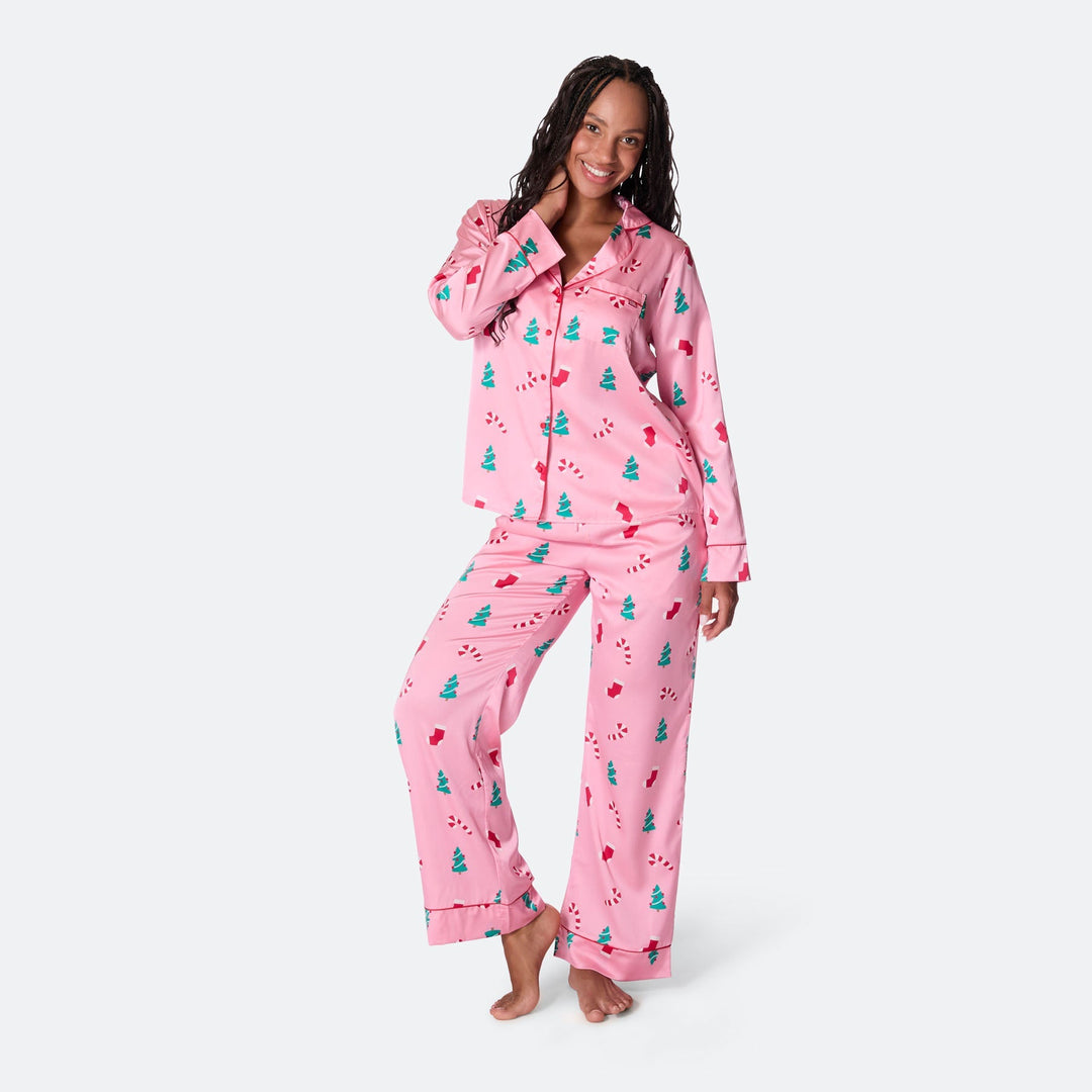 Pyjama de Noël femme en satin - rose