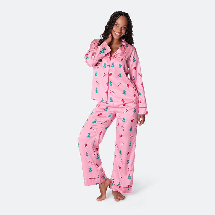 Pyjama de Noël femme en satin - rose