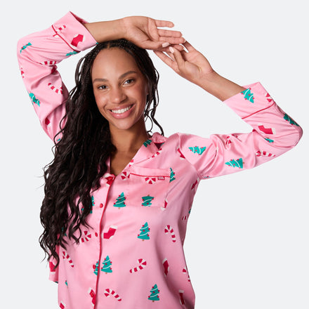 Pyjama de Noël femme en satin - rose