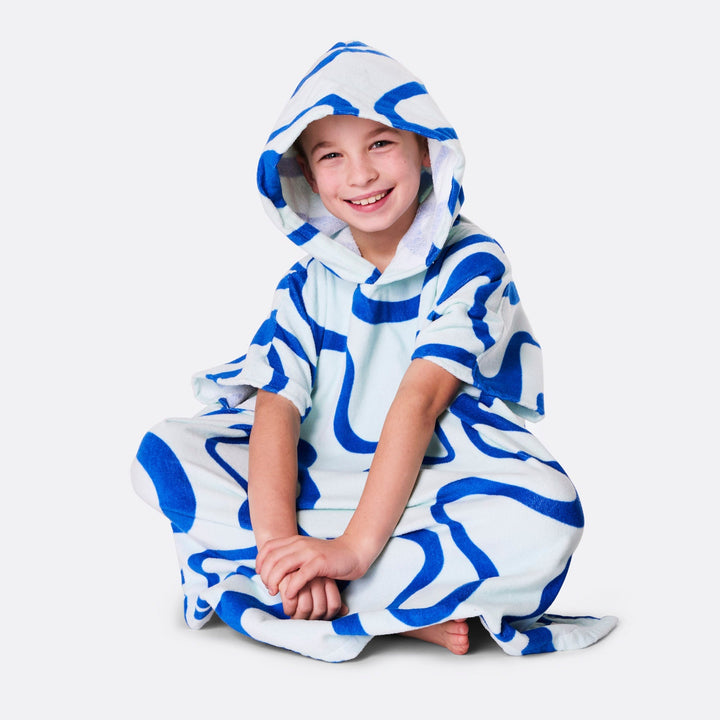 Poncho de bain enfant - bleu à motif ondulé