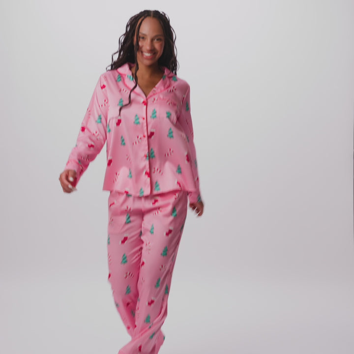 Pyjama de Noël femme en satin - rose